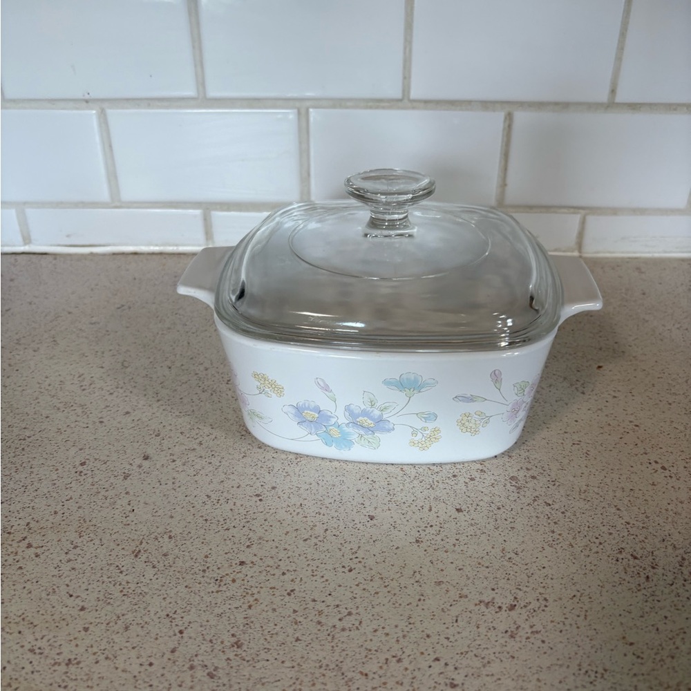 CorningWare White Casserole Dish with Floral Design and Glass Lid